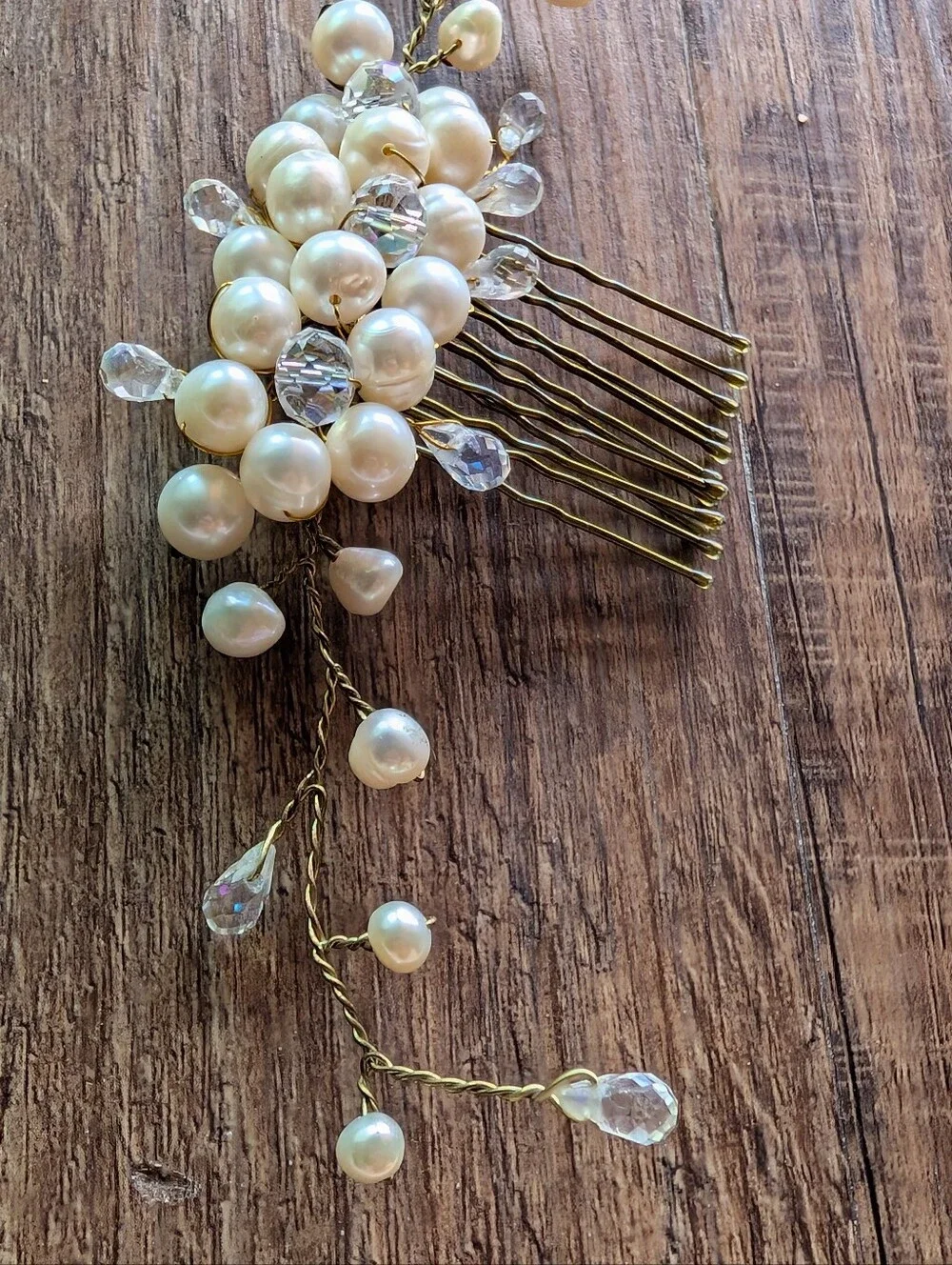 Pearl and Crystal Bridal Hair Comb - Gold Tone